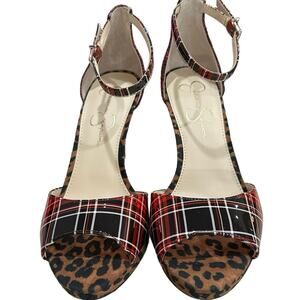 Jessica Simpson daisile  faux leather heels plaid leopard snakeskin size 9M /40